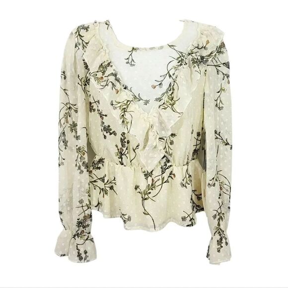 NEW June & Hudson Floral Chiffon Puff Shoulder Coquette Blouse in Ivory Size S - Picture 1 of 10